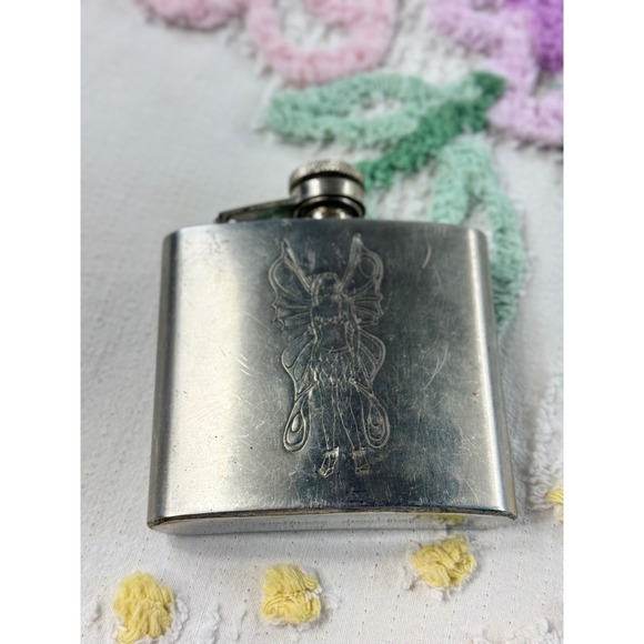 Other - Vintage Fairy Etched Stainless Steel Hip Flask 5oz Silver Y2K Whimsigoth Pocket